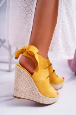 Sandały Damskie Na Koturnie Lniane Wiązane Żółte Cantare