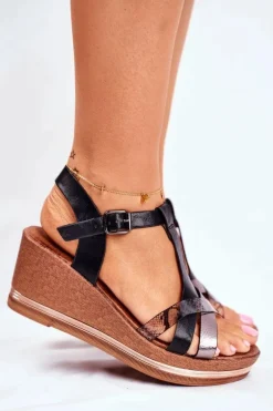 Sandały Damskie Na Koturnie Czarne Skóra Węża Enroll