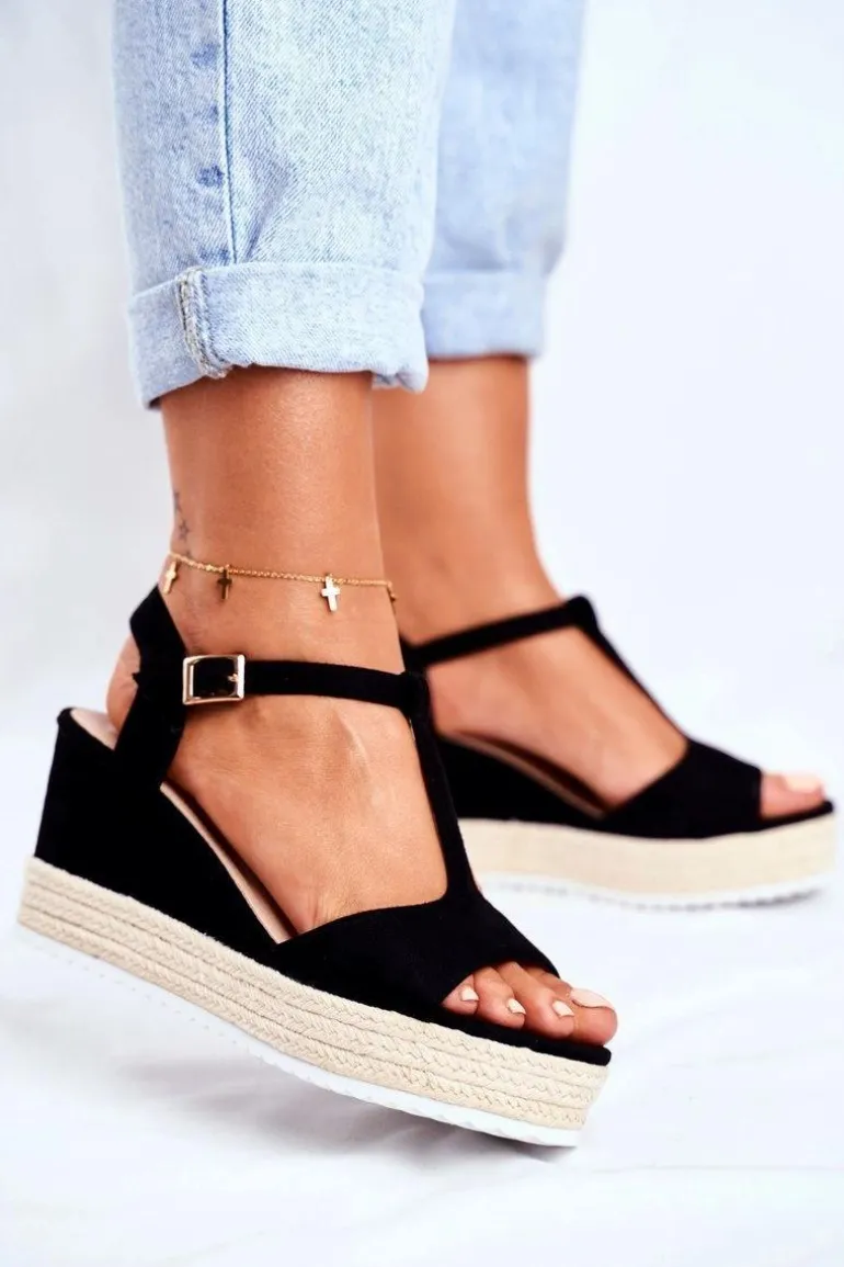 Sandały Damskie Na Koturnie Czarne Papillon