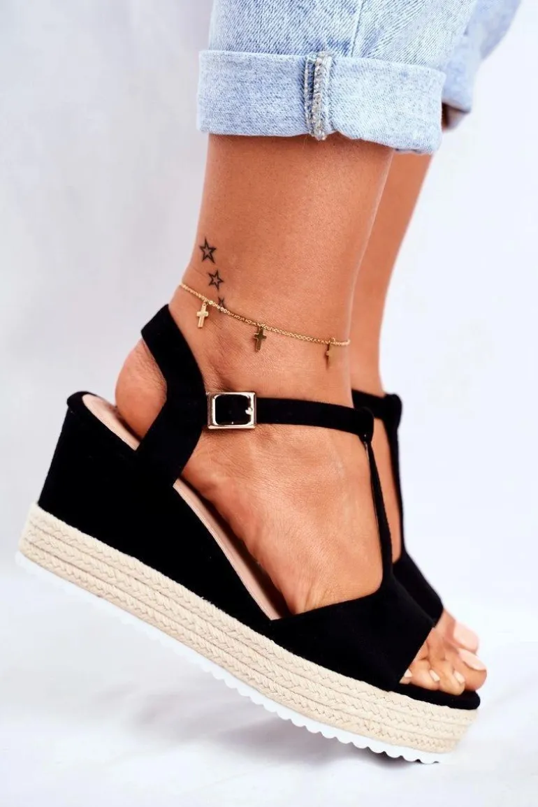 Sandały Damskie Na Koturnie Czarne Papillon