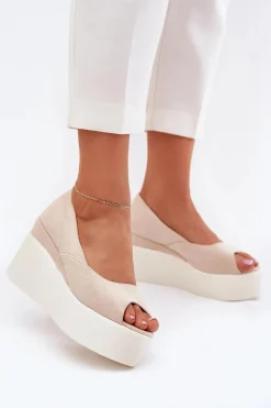 Sandały Damskie Na Koturnie I Platformie Jasnobeżowe Felyra