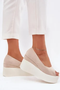 Sandały Damskie Na Koturnie I Platformie Jasnobeżowe Felyra