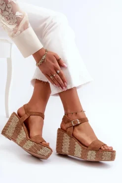 Sandały Damskie Na Koturnie Z Plecionką Camel Reviala