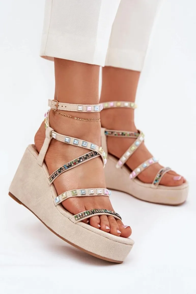 Sandały Damskie Na Koturnie Ze Zdobieniem Na Paskach Beżowe Lunara