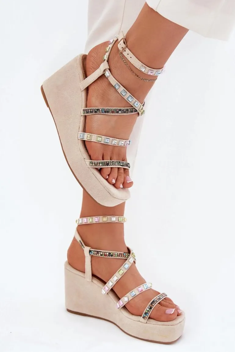 Sandały Damskie Na Koturnie Ze Zdobieniem Na Paskach Beżowe Lunara