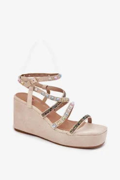 Sandały Damskie Na Koturnie Ze Zdobieniem Na Paskach Beżowe Lunara
