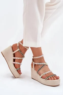 Sandały Damskie Na Koturnie Ze Zdobieniem Na Paskach Beżowe Lunara