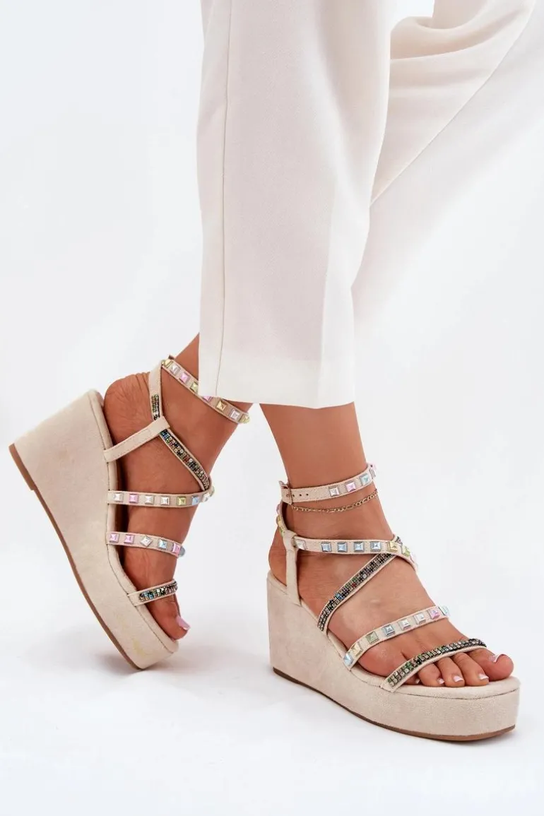 Sandały Damskie Na Koturnie Ze Zdobieniem Na Paskach Beżowe Lunara