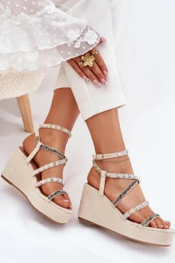 Sandały Damskie Na Koturnie Ze Zdobieniem Na Paskach Beżowe Lunara