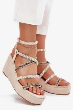 Sandały Damskie Na Koturnie Ze Zdobieniem Na Paskach Beżowe Lunara