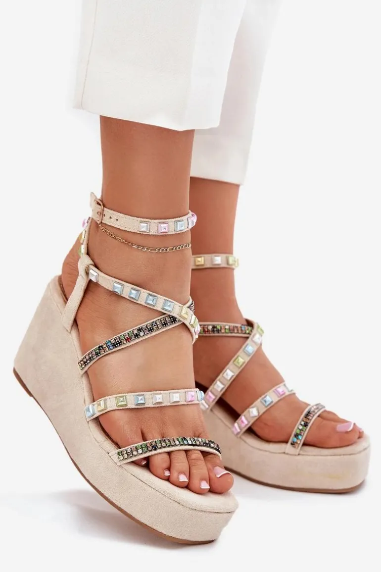 Sandały Damskie Na Koturnie Ze Zdobieniem Na Paskach Beżowe Lunara