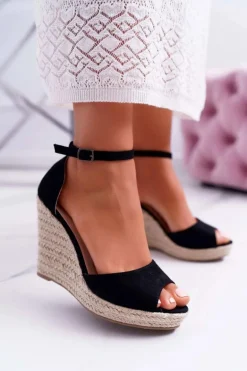 Sandały Damskie Na Koturnie Espadryle Czarne Trame