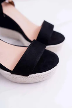 Sandały Damskie Na Koturnie Lniane Czarne Liviana