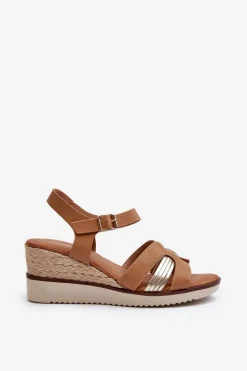 Sandały Damskie Na Koturnie Z Plecionką Brązowe Starlenna