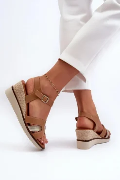 Sandały Damskie Na Koturnie Z Plecionką Brązowe Starlenna
