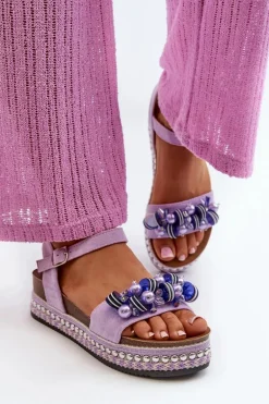 Sandały Damskie Na Koturnie I Platformie Z Ozdobami S.Barski HY056 Fioletowe