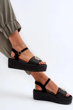 Sandały Damskie Na Koturnie Z Plecionką Czarne Esalena