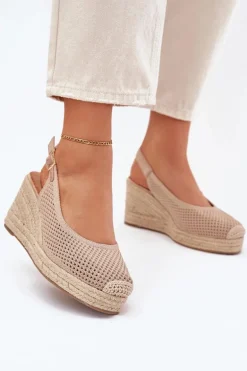 Sandały Damskie Na Koturnie Z Plecionką Ciemnobeżowe Tulliata