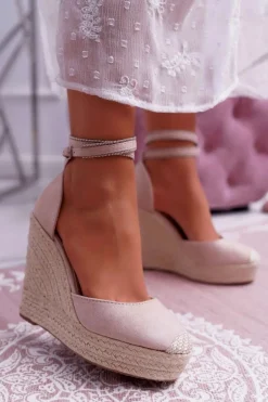 Sandały Damskie Na Koturnie Lniane Różowe Canterola