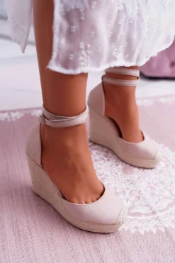 Sandały Damskie Na Koturnie Lniane Różowe Canterola