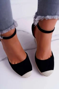 Sandały Damskie Na Koturnie Lniane Czarne Tammaris