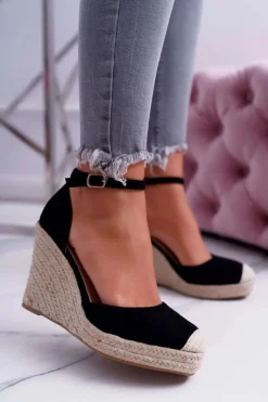 Sandały Damskie Na Koturnie Lniane Czarne Tammaris