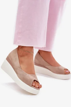 Sandały Damskie Na Koturnie Z Eko Zamszu Beżowe Velira