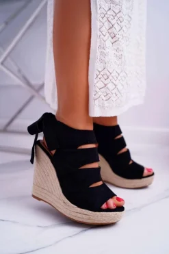 Sandały Damskie Na Koturnie Lniane Wiązane Czarne Cantare