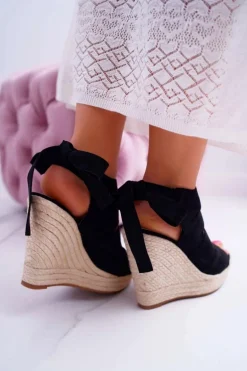 Sandały Damskie Na Koturnie Lniane Wiązane Czarne Cantare