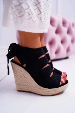 Sandały Damskie Na Koturnie Lniane Wiązane Czarne Cantare