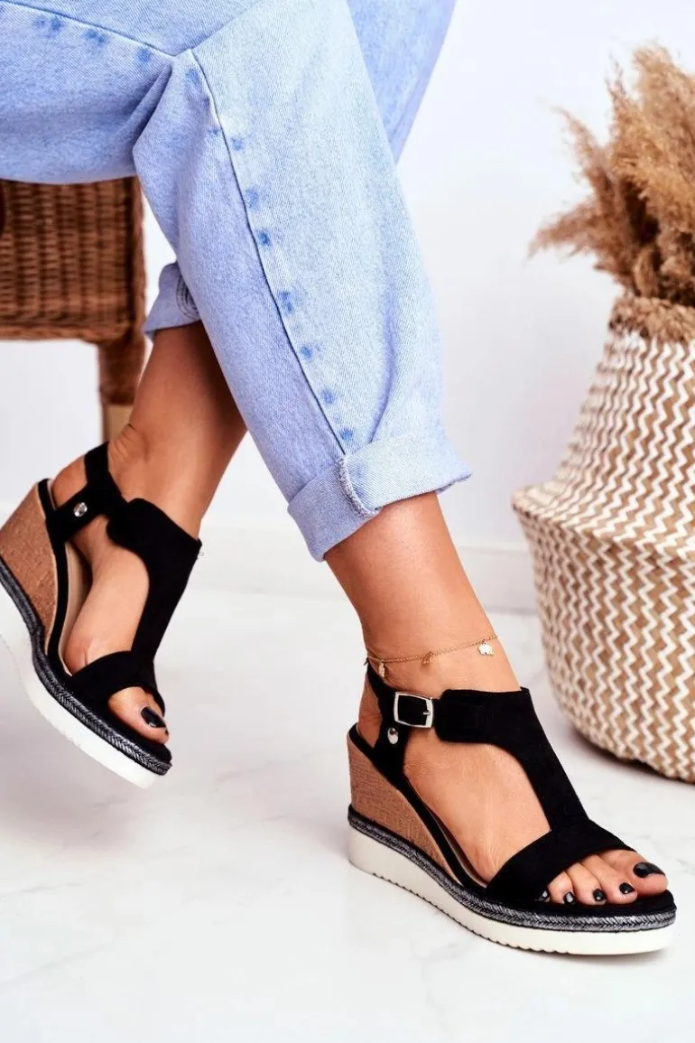 Sandały Damskie Na Koturnie Czarne Rosa