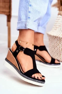 Sandały Damskie Na Koturnie Czarne Rosa