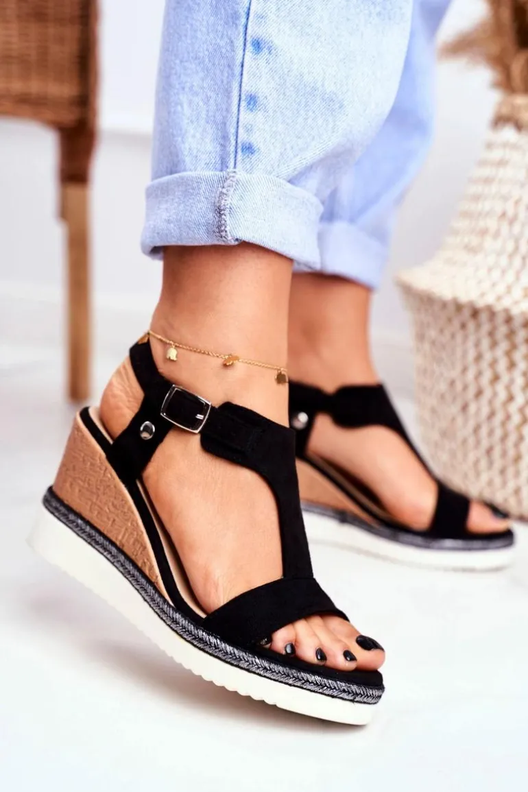 Sandały Damskie Na Koturnie Czarne Rosa