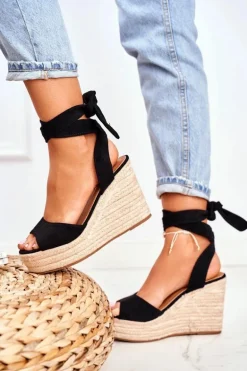 Sandały Damskie Na Koturnie Espadryle Czarny Ollie