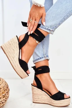 Sandały Damskie Na Koturnie Espadryle Czarny Ollie