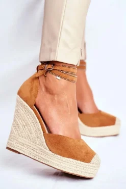 Sandały Damskie Na Koturnie Lniane Camel Canterola