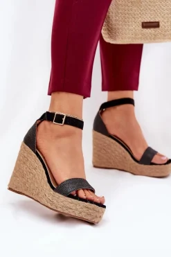 Sandały Damskie Na Koturnie Z Plecionką Czarne Adelio