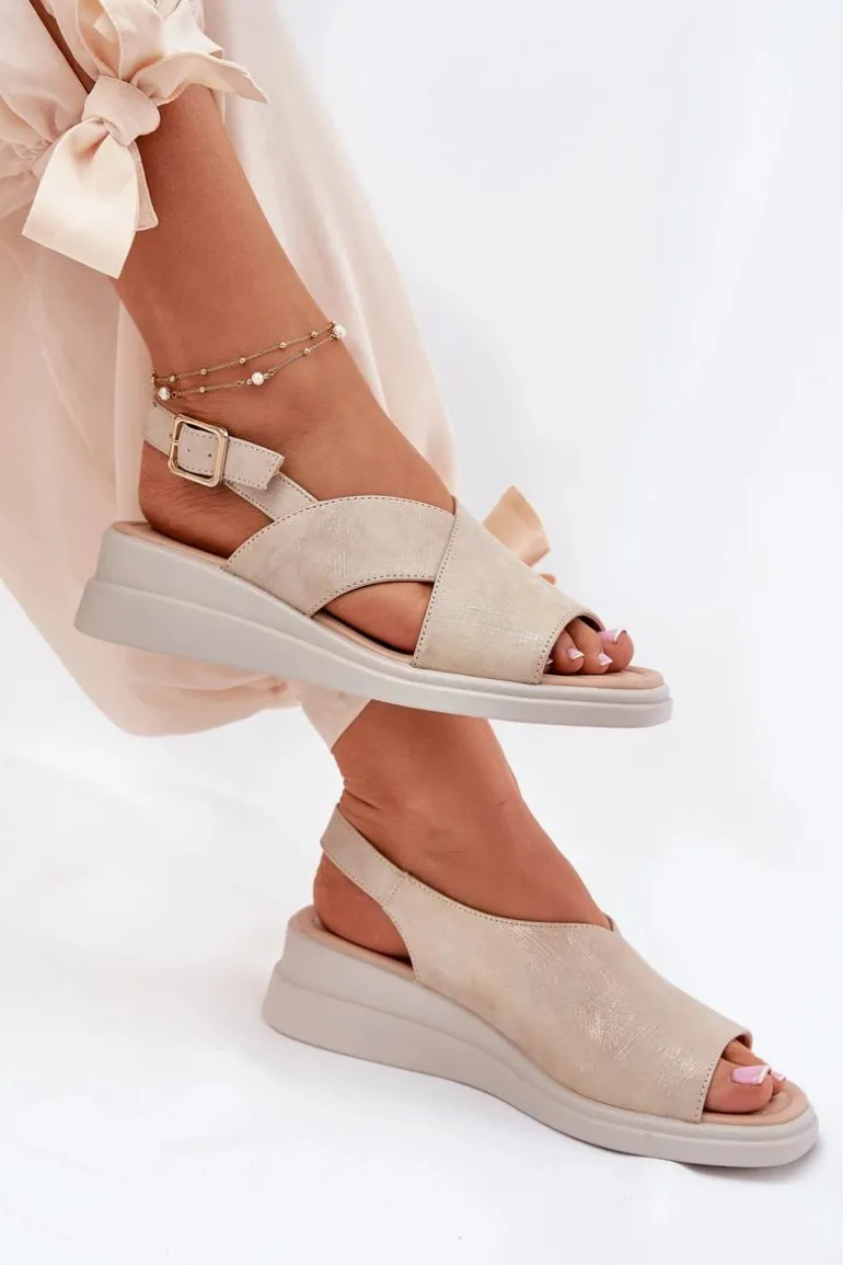 Sandały Damskie Na Koturnie Z Eko Skóry Złote Quilara