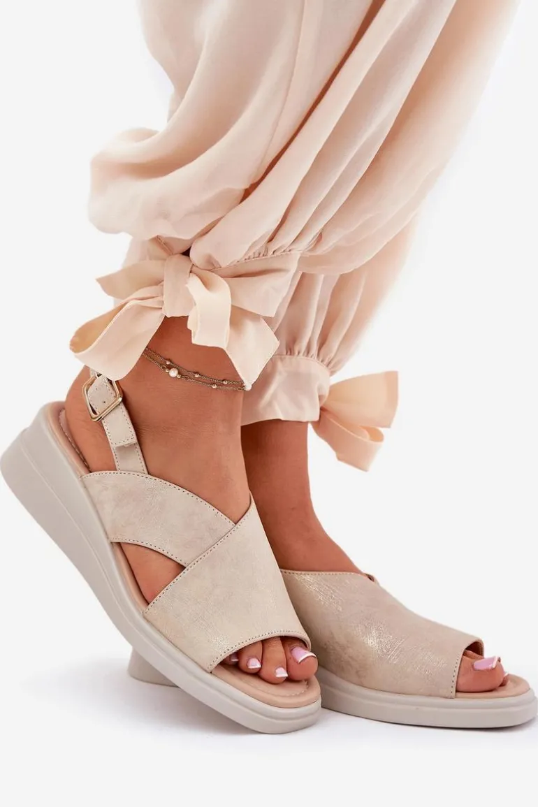 Sandały Damskie Na Koturnie Z Eko Skóry Złote Quilara