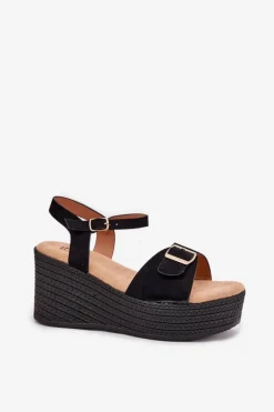 Sandały Damskie Na Koturnie Z Klamrą Czarne Liniella