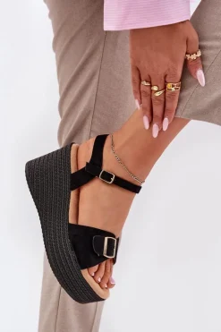 Sandały Damskie Na Koturnie Z Klamrą Czarne Liniella