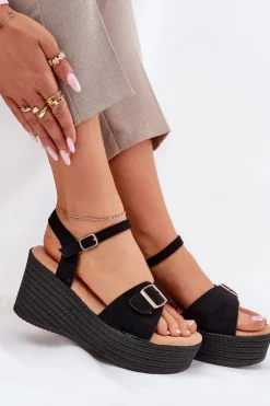 Sandały Damskie Na Koturnie Z Klamrą Czarne Liniella