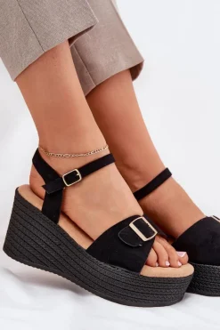 Sandały Damskie Na Koturnie Z Klamrą Czarne Liniella