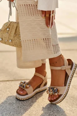 Sandały Damskie Na Koturnie I Platformie Z Ozdobami S.Barski HY056 Beżowe