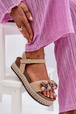 Sandały Damskie Na Koturnie I Platformie Z Ozdobami S.Barski HY056 Beżowe