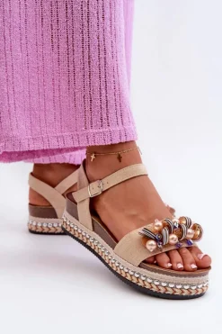 Sandały Damskie Na Koturnie I Platformie Z Ozdobami S.Barski HY056 Beżowe