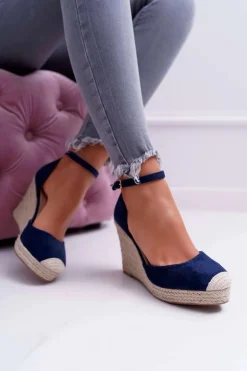 Sandały Damskie Na Koturnie Lniane Granatowe Tammaris