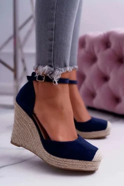 Sandały Damskie Na Koturnie Lniane Granatowe Tammaris