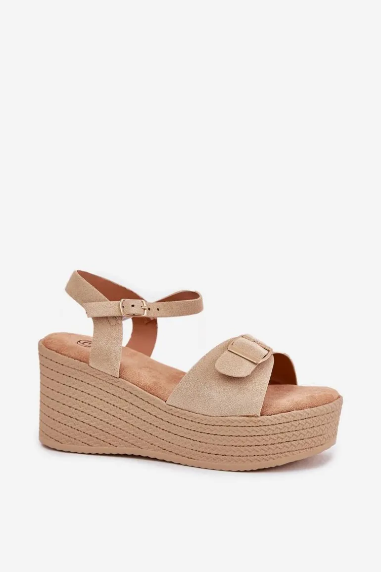 Sandały Damskie Na Koturnie Z Klamrą Khaki Liniella