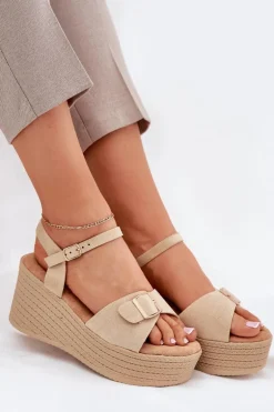 Sandały Damskie Na Koturnie Z Klamrą Khaki Liniella